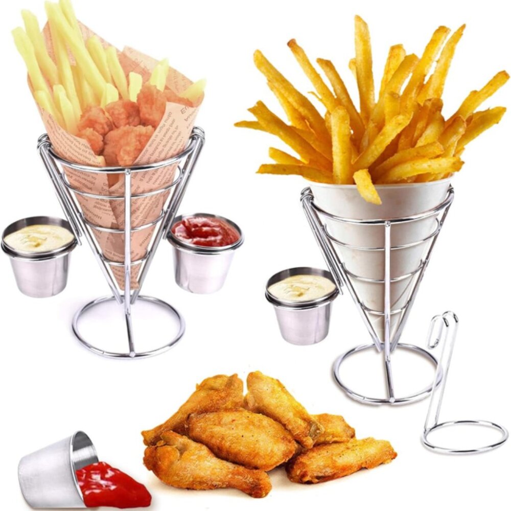Winhon French Fry Cone Basket with Double Sauce Holder, Set of 2